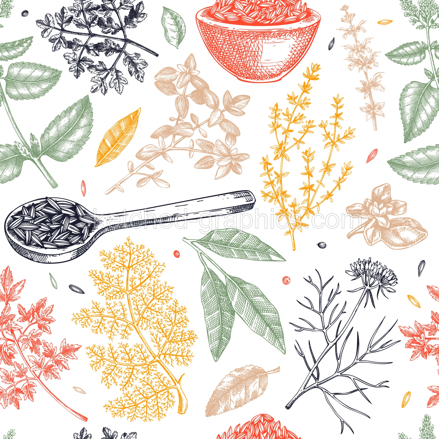 Herb and spice seamless pattern. Middle Eastern food background. Parsley, thyme, cumin, laurel, mint, sage, cilantro sketch. Kitchen spices hand-drawn vector illustration. NOT AI generated Illustration
